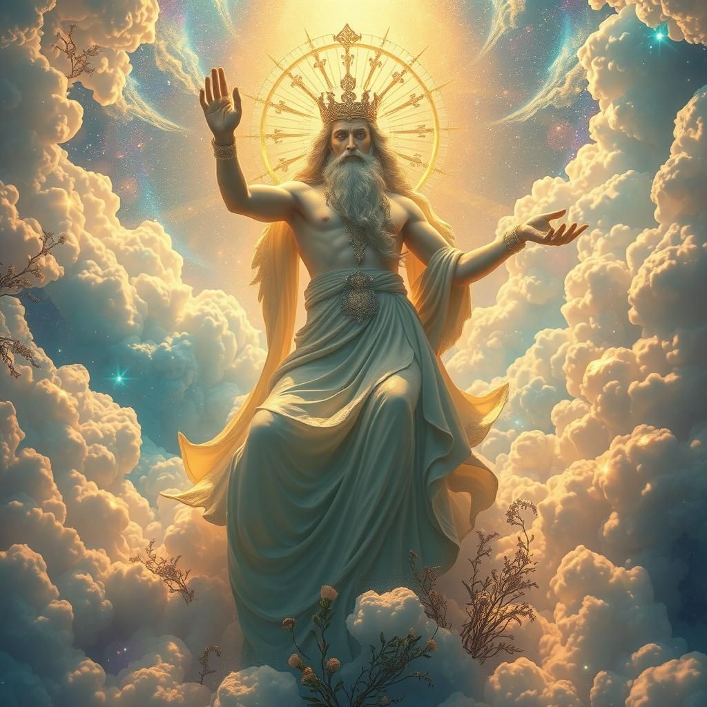 Celestial God Ascending Amidst Iridescent Nebulae