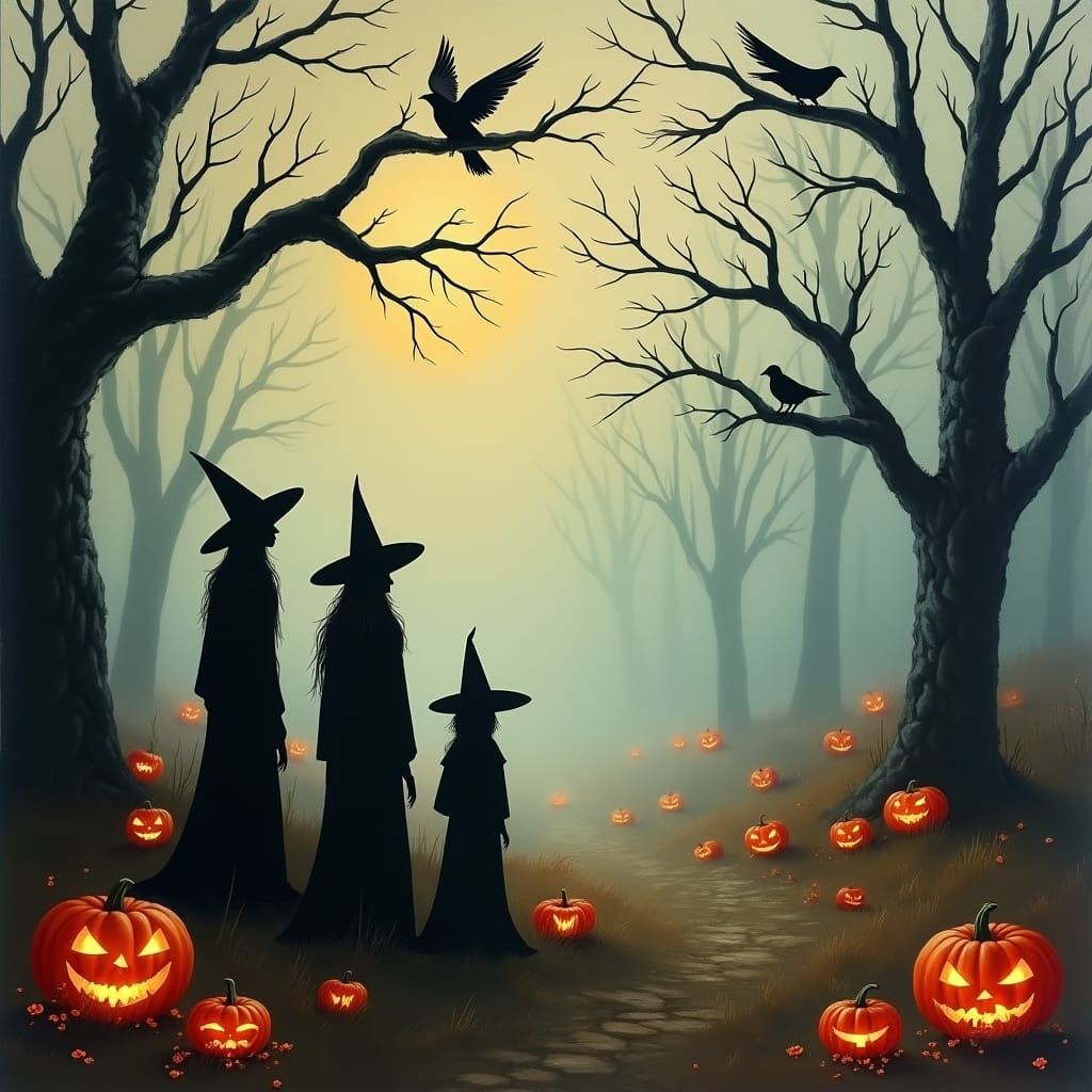 Halloween Witches and Ghosts in Watercolor Oil Painting
