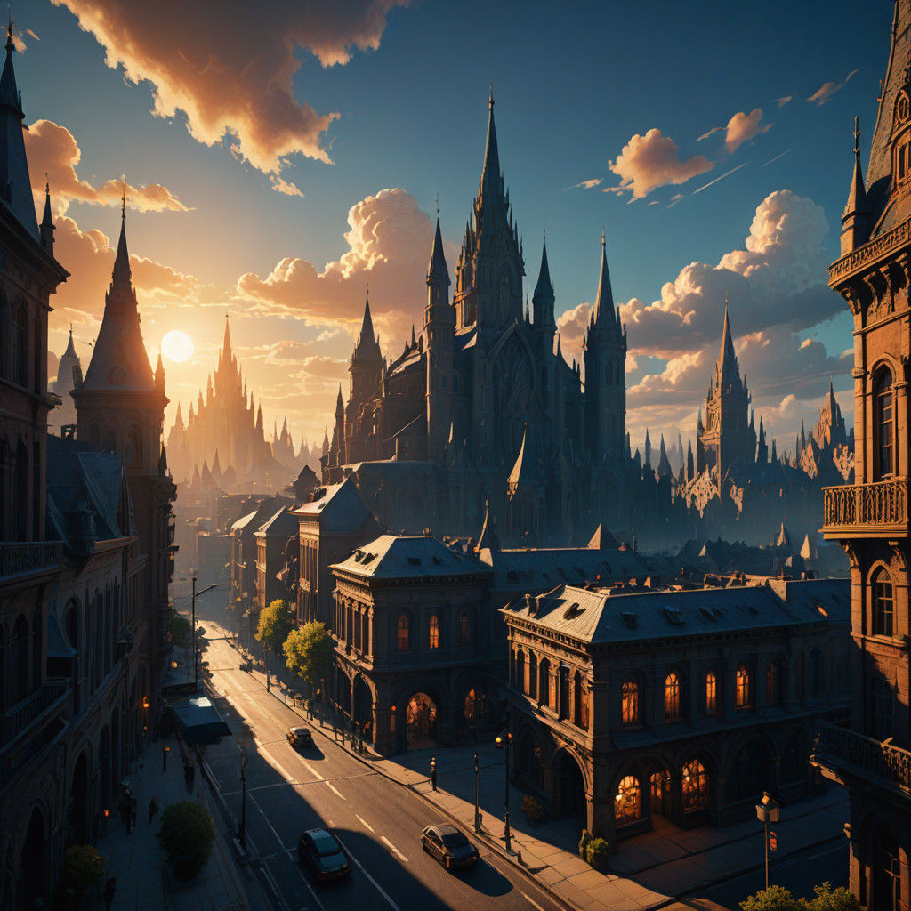 Surreal Cityscape with Towering Spires and Vibrant Colors