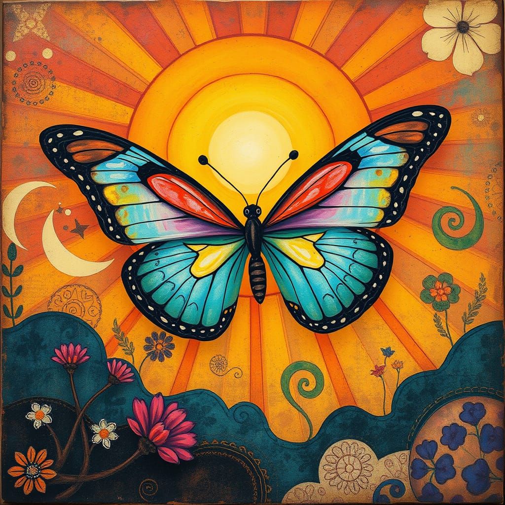 Vibrant Butterfly soars near Radiant Sun in Folk Art-Inspire...
