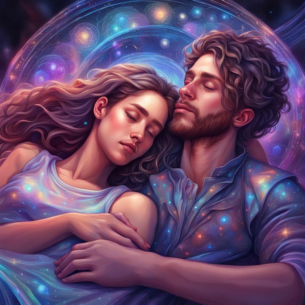 Loving Couple in Cosmic Embrace: Astral Illustration