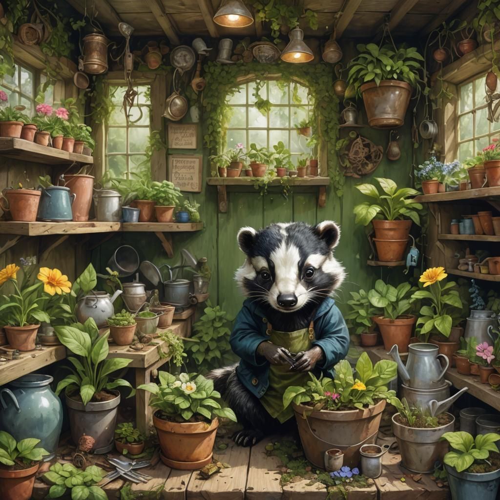 Chibi Badger Gardener in Whimsical Forest Setting