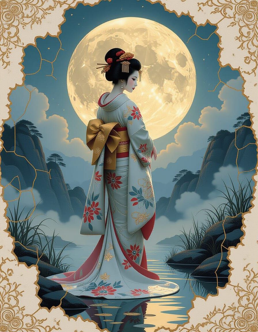 Geisha in Moonlight with Kintsugi Art