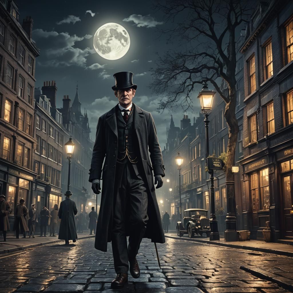 Doctor Watson in Victorian London Under Moon, Digital Art
