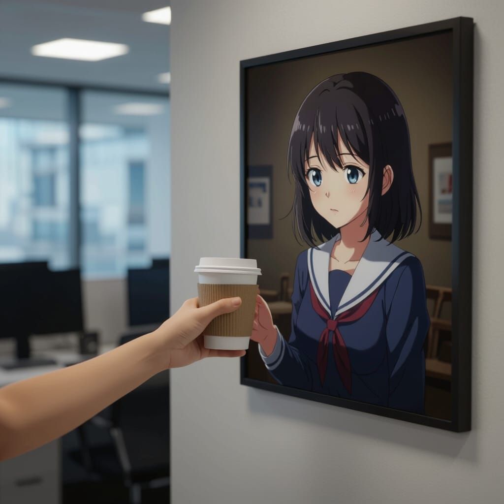 Anime Girl Receives Coffee From Office Portrait