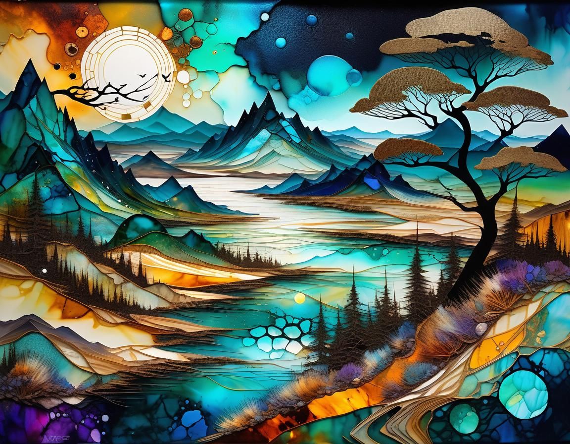 Cosmic River Valley in Alcohol Ink Style