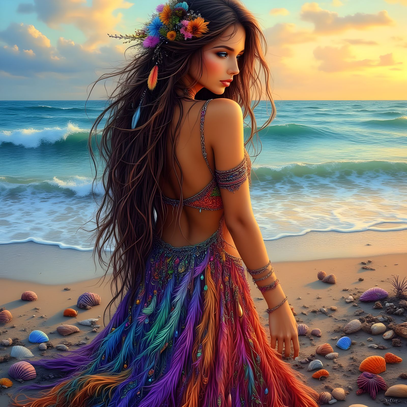 Bohemian Woman on Beach at Sunset