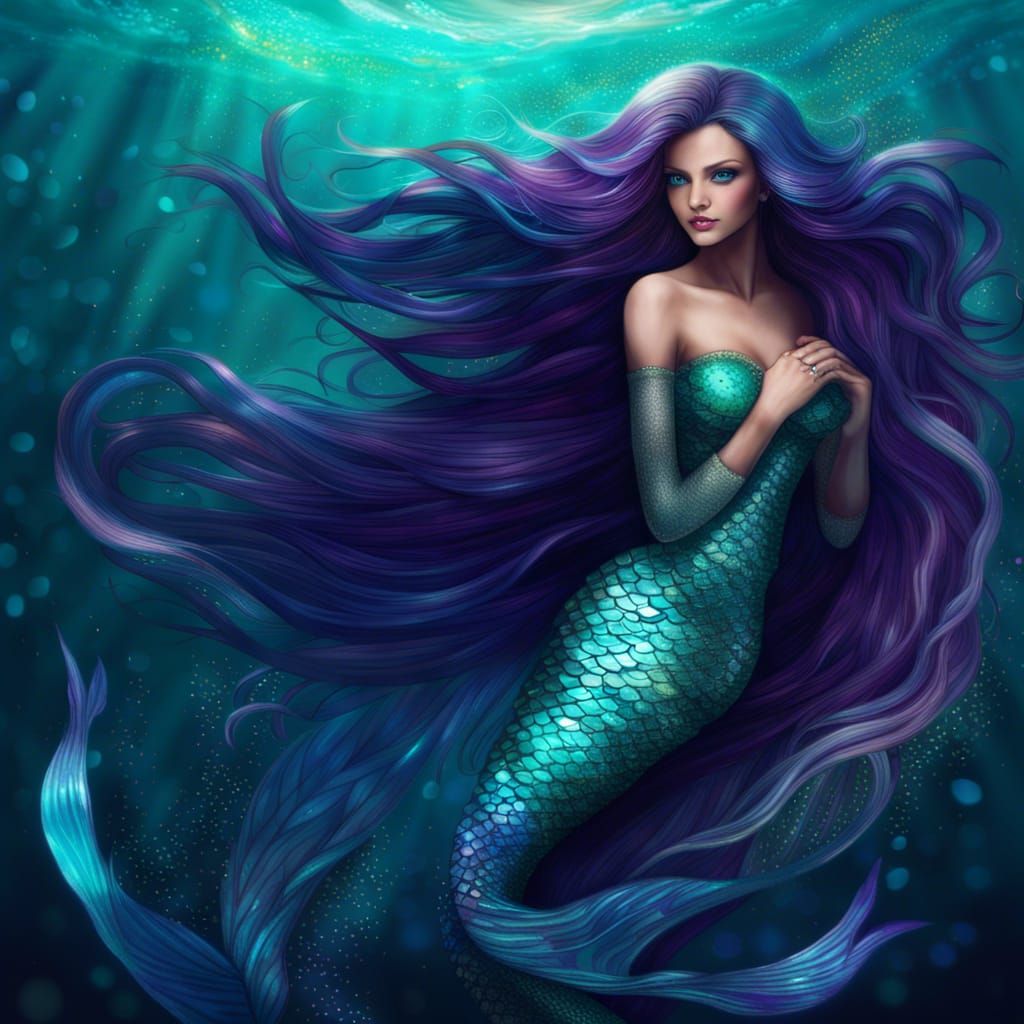 Gorgeous Purple-Tailed Mermaid in Turquoise Sea