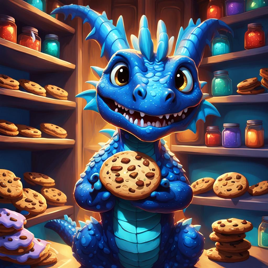 Blue Dragon Cookie Caper: Vibrant 3D Digital Art