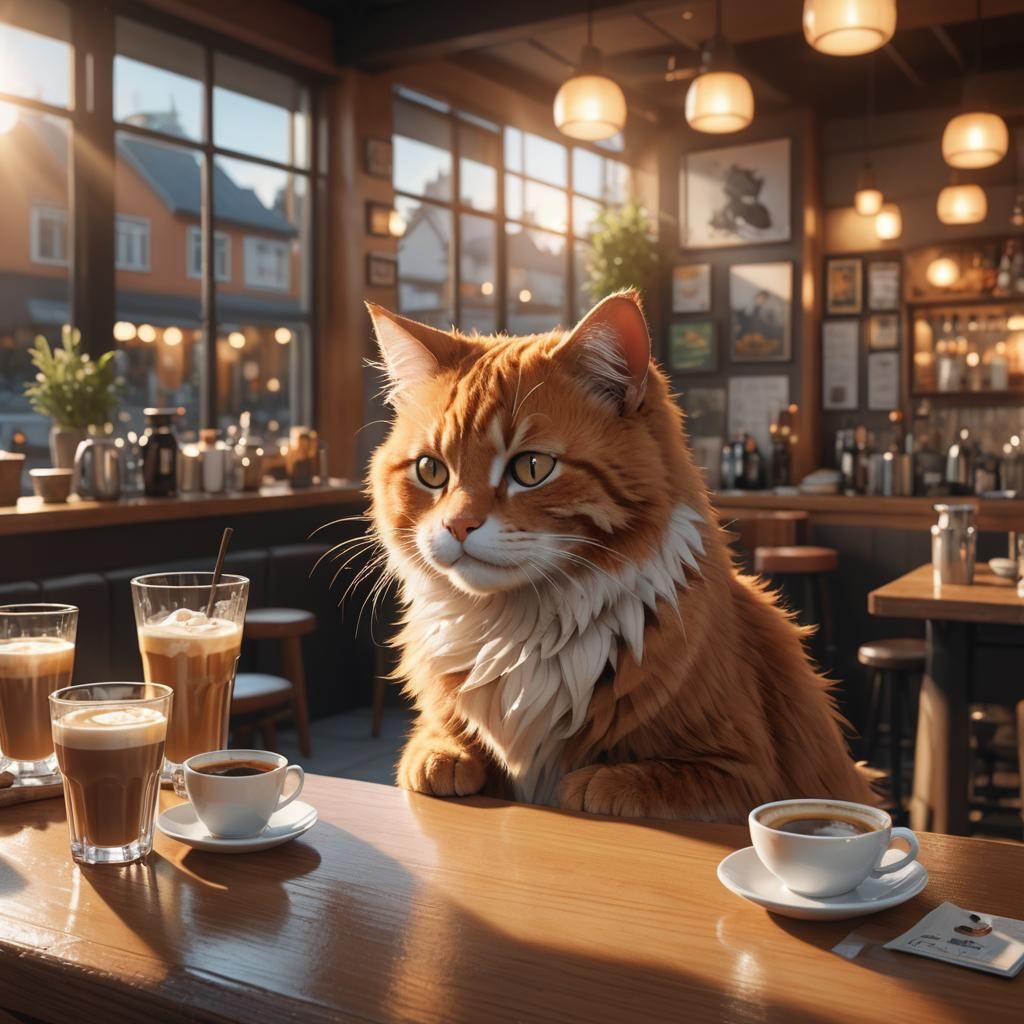 Hyperrealistic Cat Sipping Coffee in Anime Style Cafe