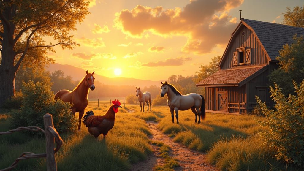 Mystical Farmyard Scene at Sunset in Fantasy Art Style