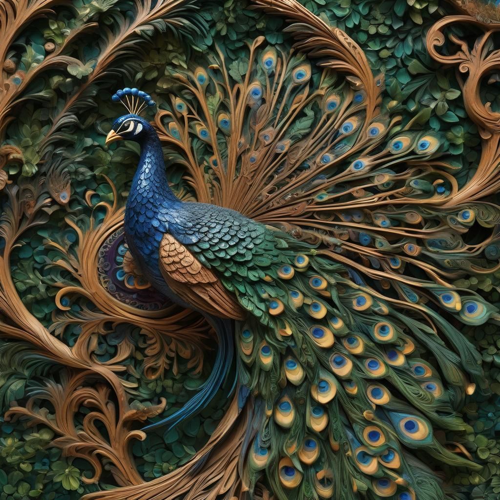 Hyperrealistic Wood Carving of a Detailed Peacock