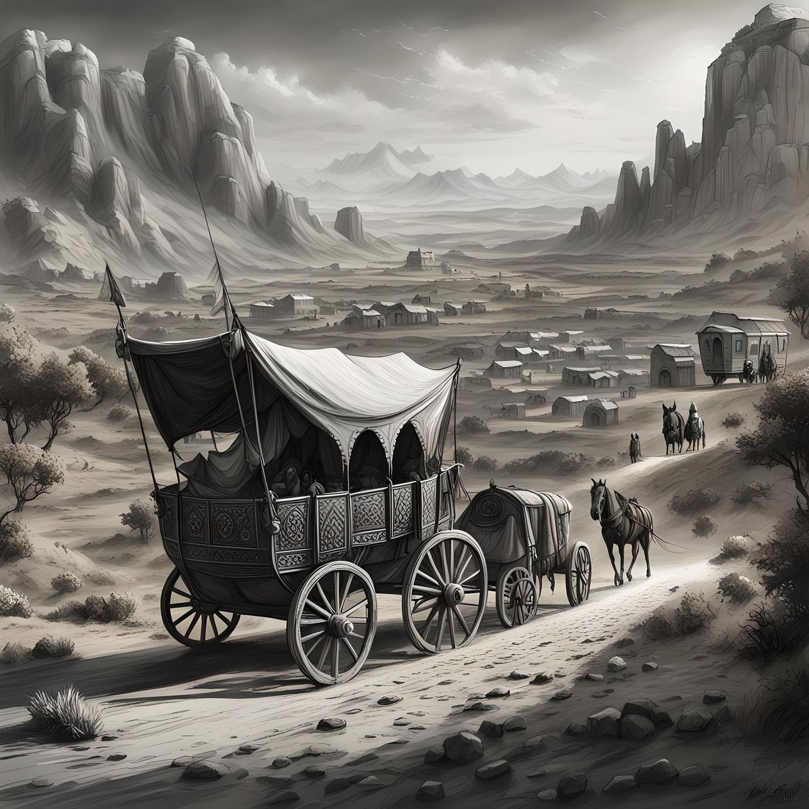 Uzbekistan Tundra: Medieval Caravan in Charcoal