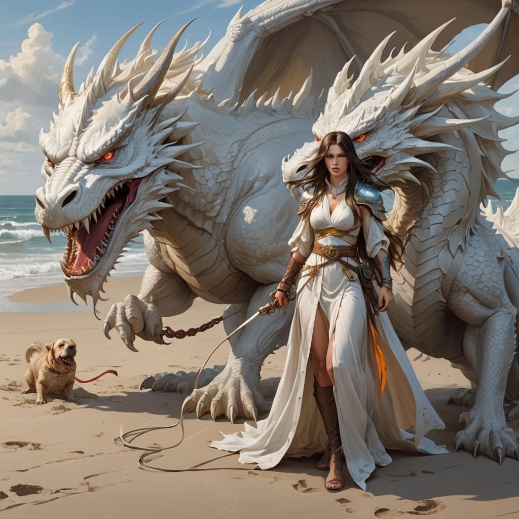 Woman Leads Dragon on Beach, Hyperdetailed Digital Art
