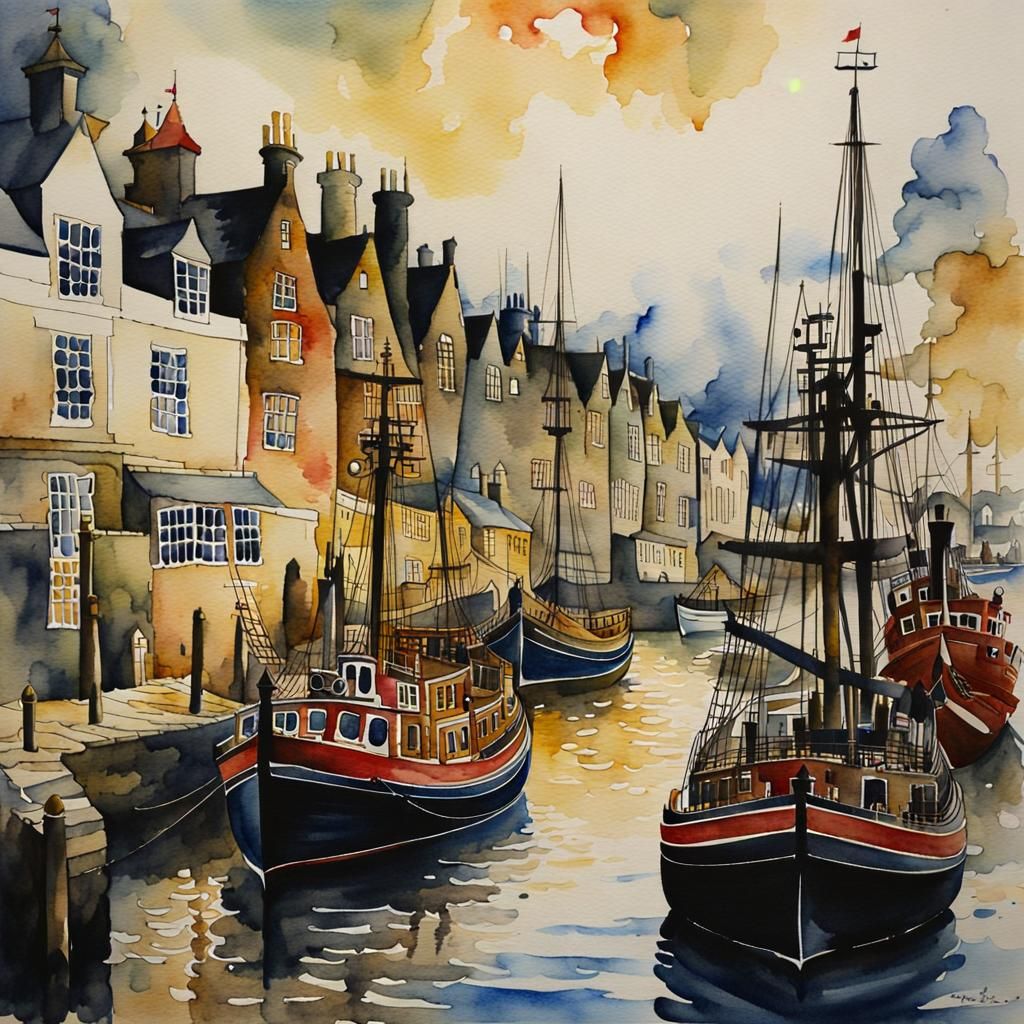 Modern Harbour in Watercolour Style