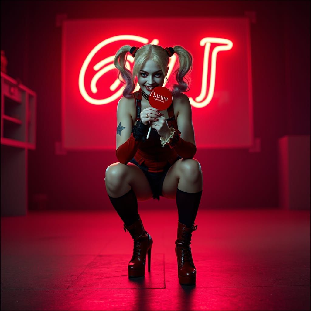 Harley Quinn with Bat Lollipop in Cinematic Style