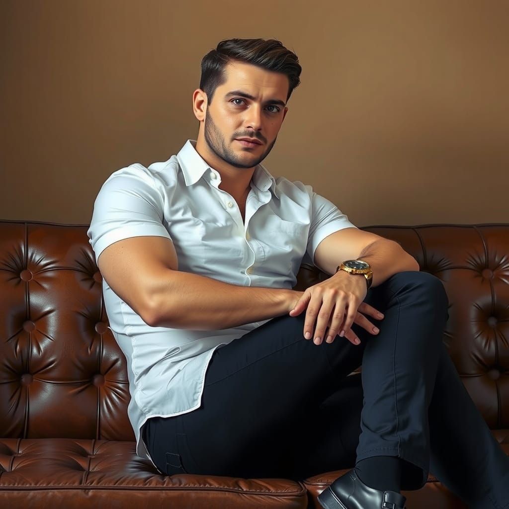 Confident Man Relaxing on Leather Couch