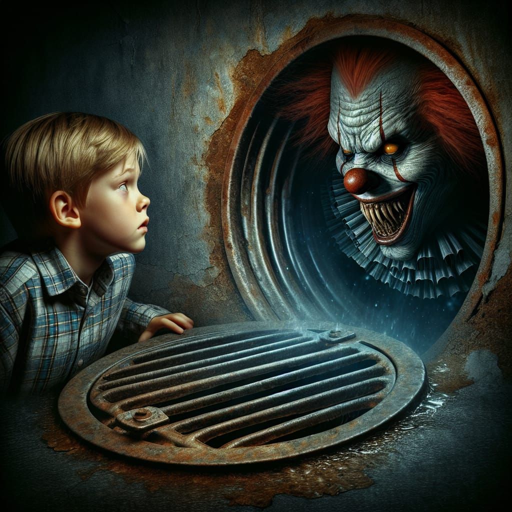 Terrifying Clown Emerges from Drain in Gothic Horror Style