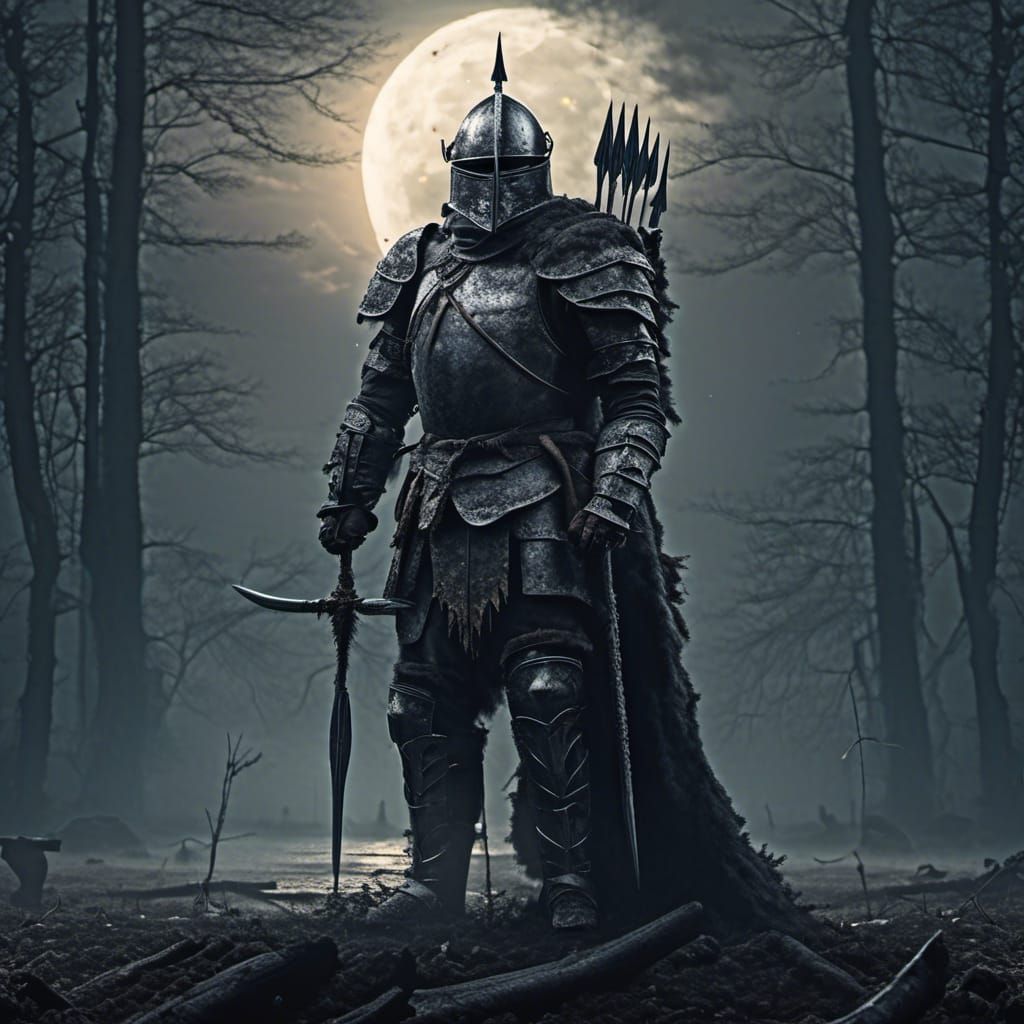 Knight in Dark Forest Under Full Moon