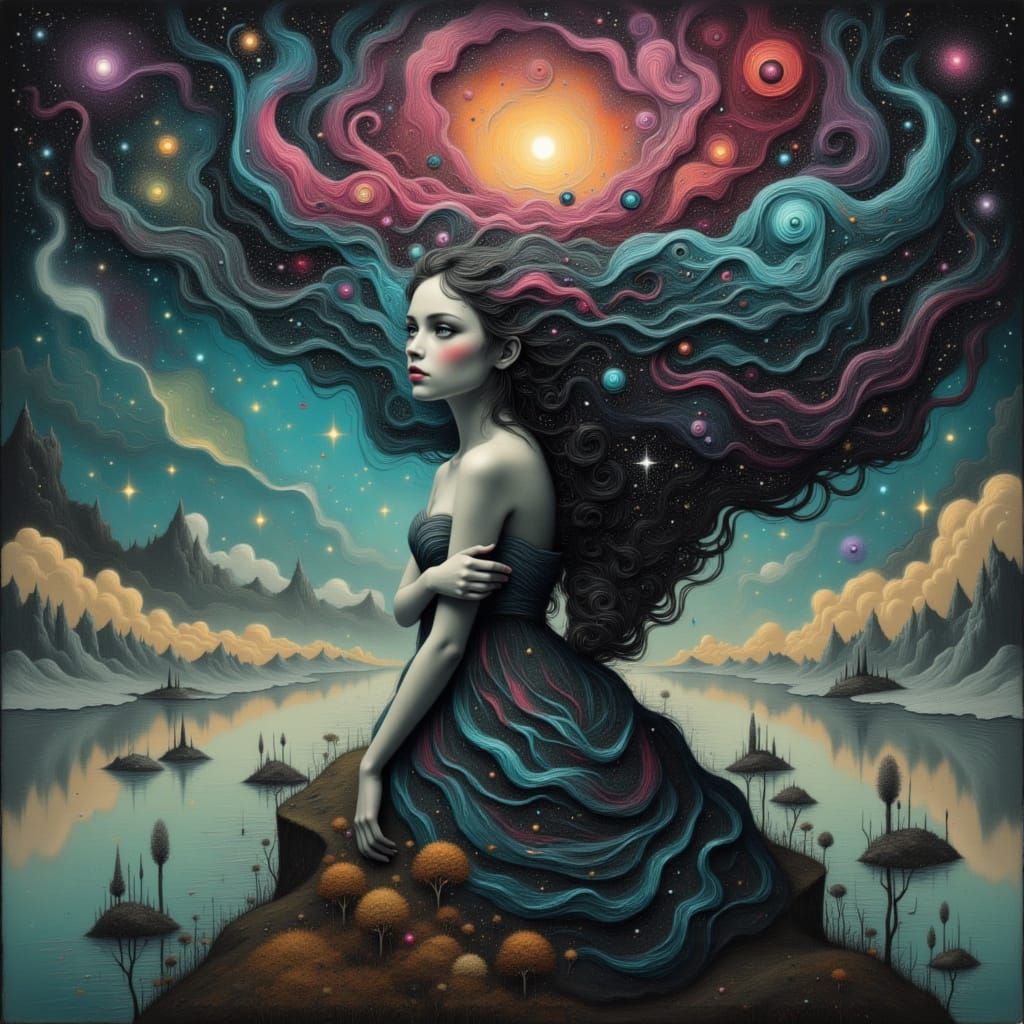 Cosmic Woman with Stardust Hair and Galaxy Eyes