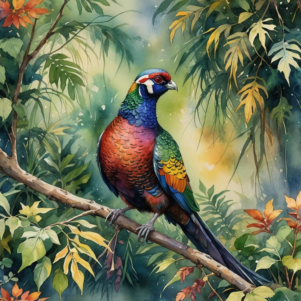 Rainbow Pheasant Watercolor Painting in Audubon Style