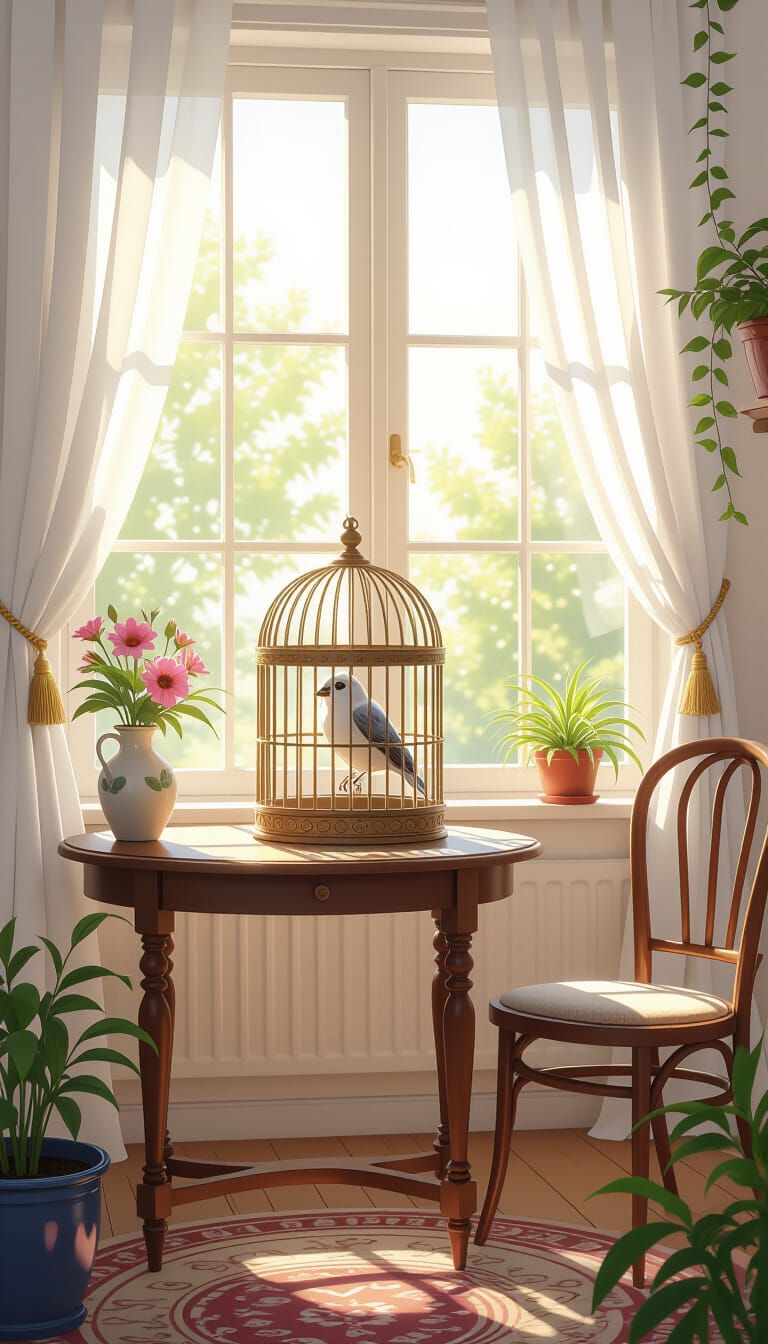 Caged Bird in Bright Room with Window - Digital Painting