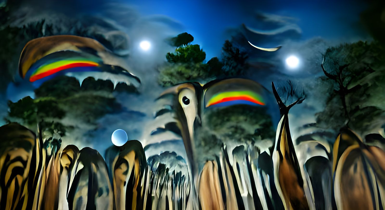 Surreal Rainbow Forest Under Moon in Dali Style