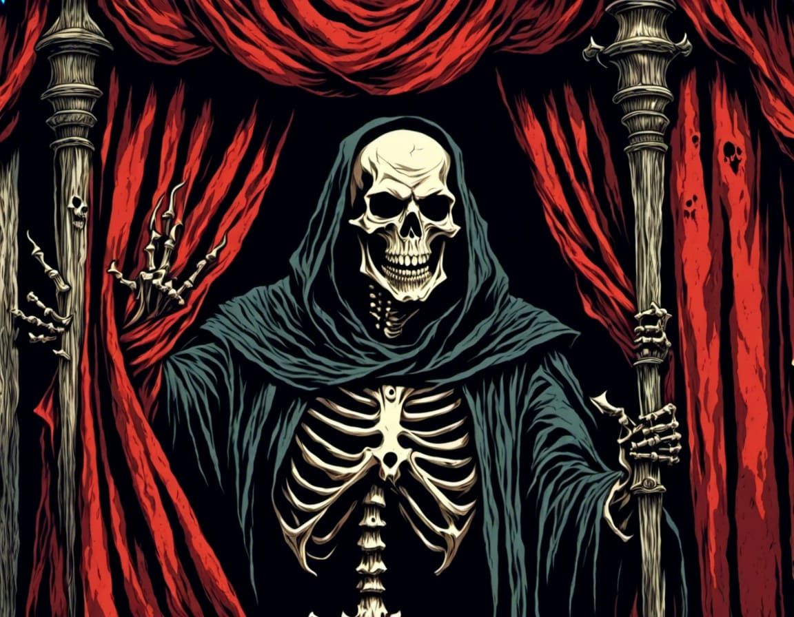 skeleton reaper hiding behind a curtain