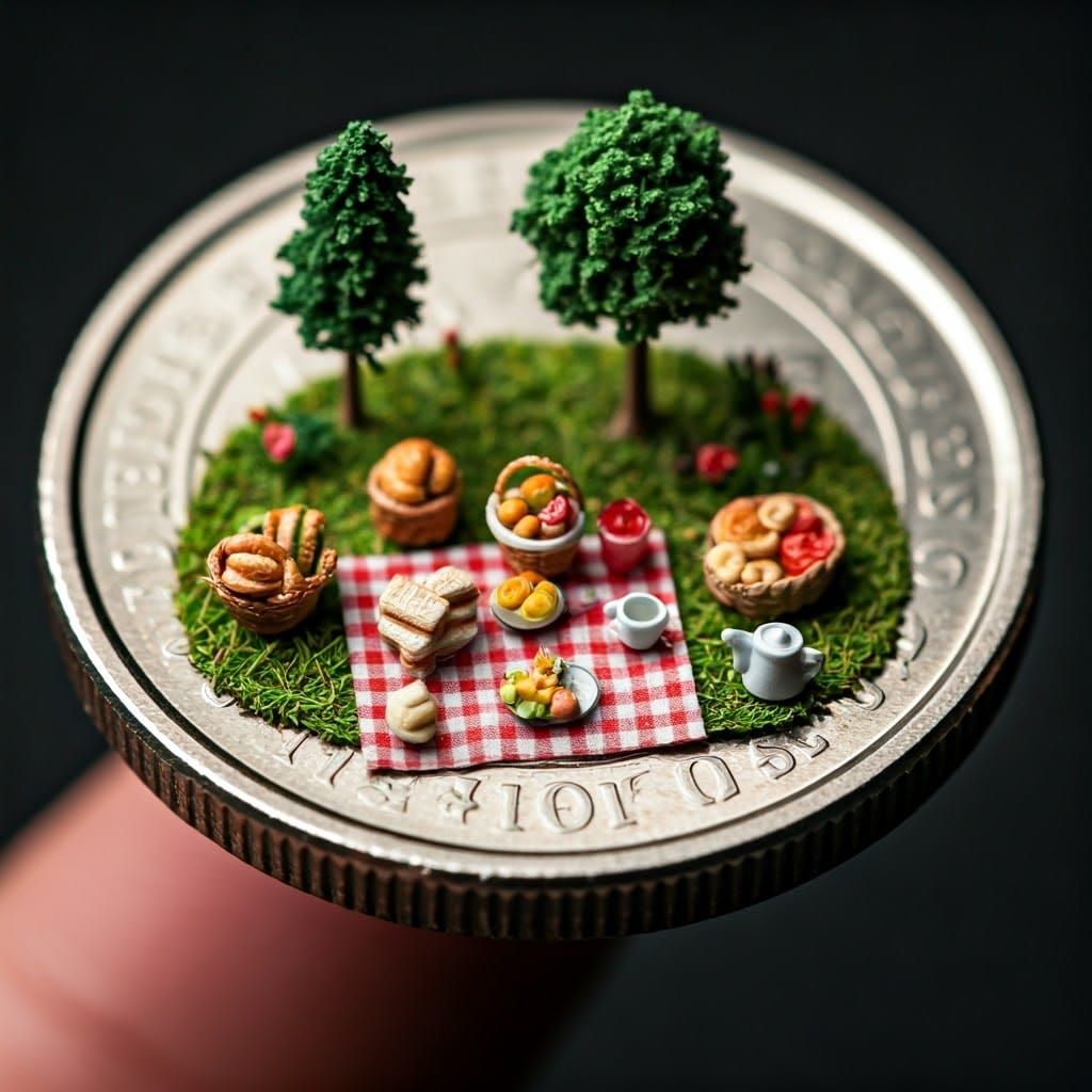 Whimsical Coin Picnic in Macro Photography Style