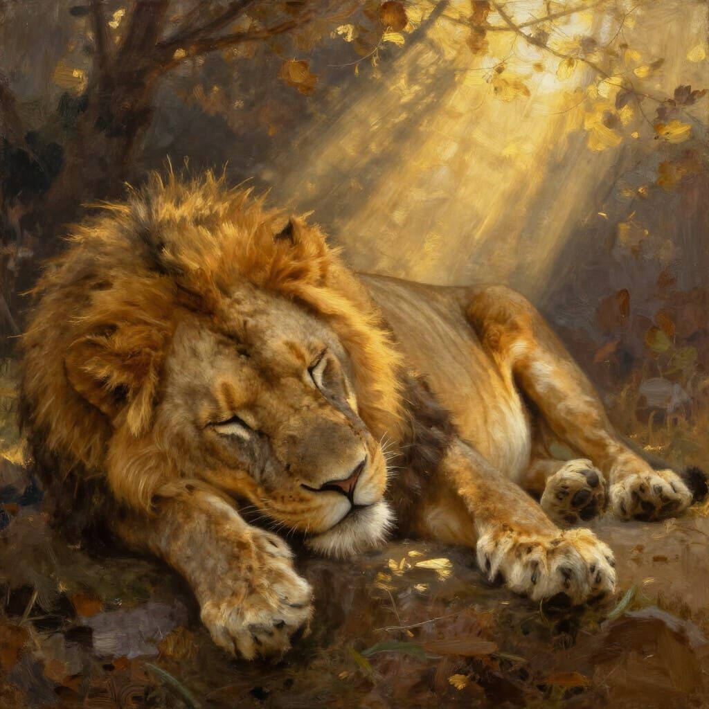 Lioness Sleeping in Golden Hour Light, Oil Painting Style