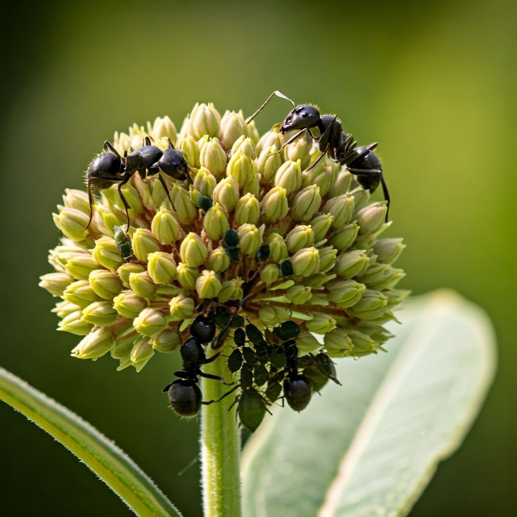 Ants Herding Aphids on Milkweed in Surreal Style