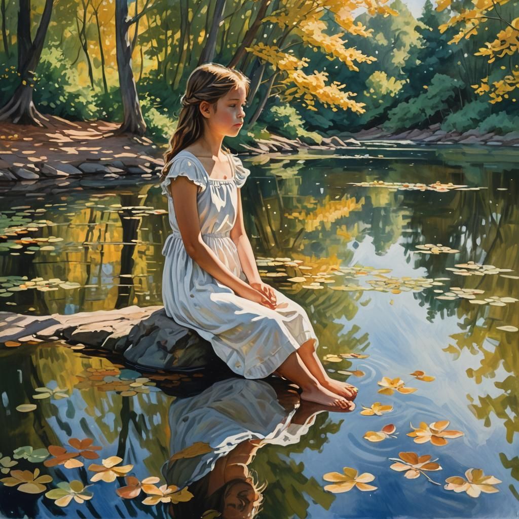 Impressionist Painting of Girl by Lake in Autumn