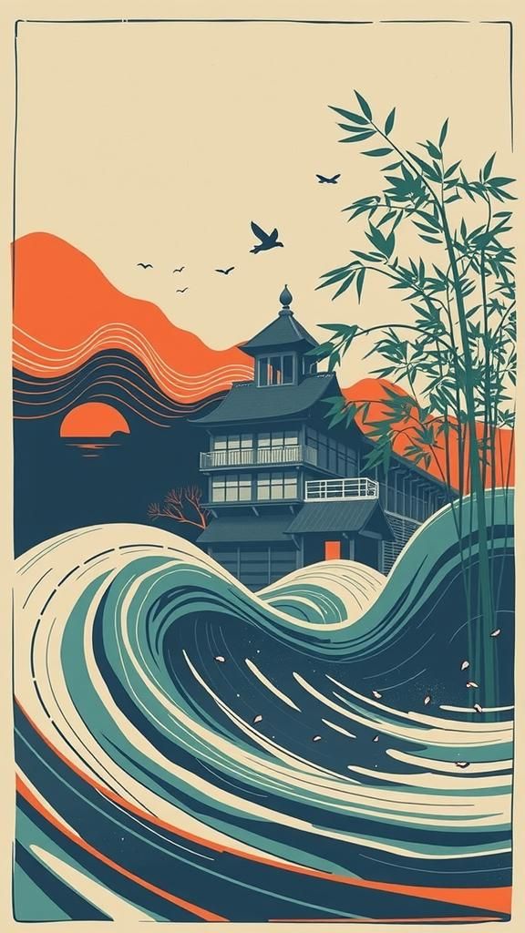 Bamboo Forest Poster in Japanese Woodcut Style