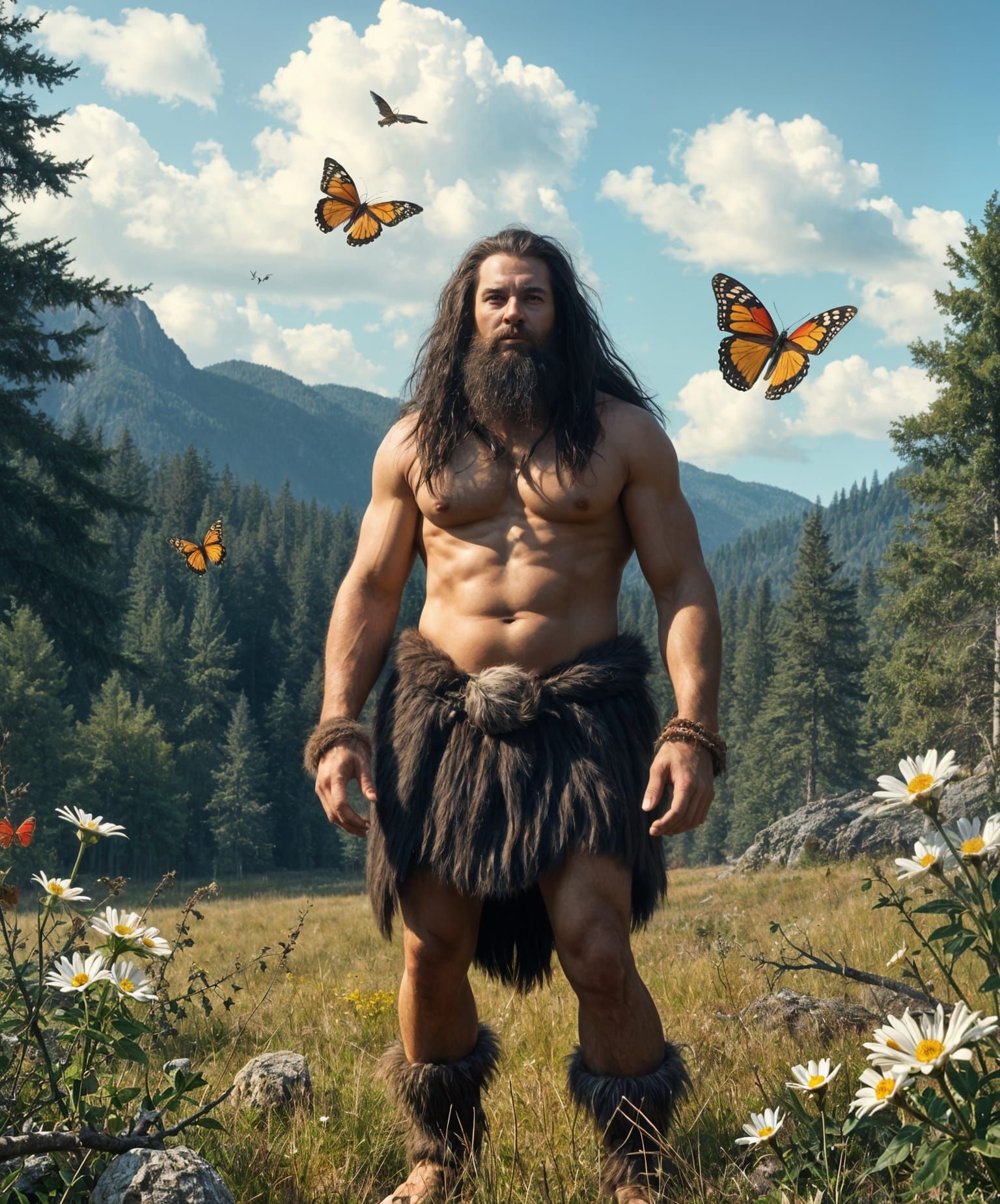 Hyperrealistic Paleolithic Hunter in Spring Forest