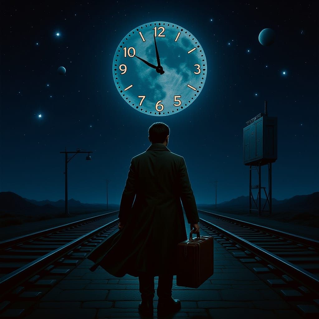 Cosmic Traveler Awaits Midnight on Railway Platform