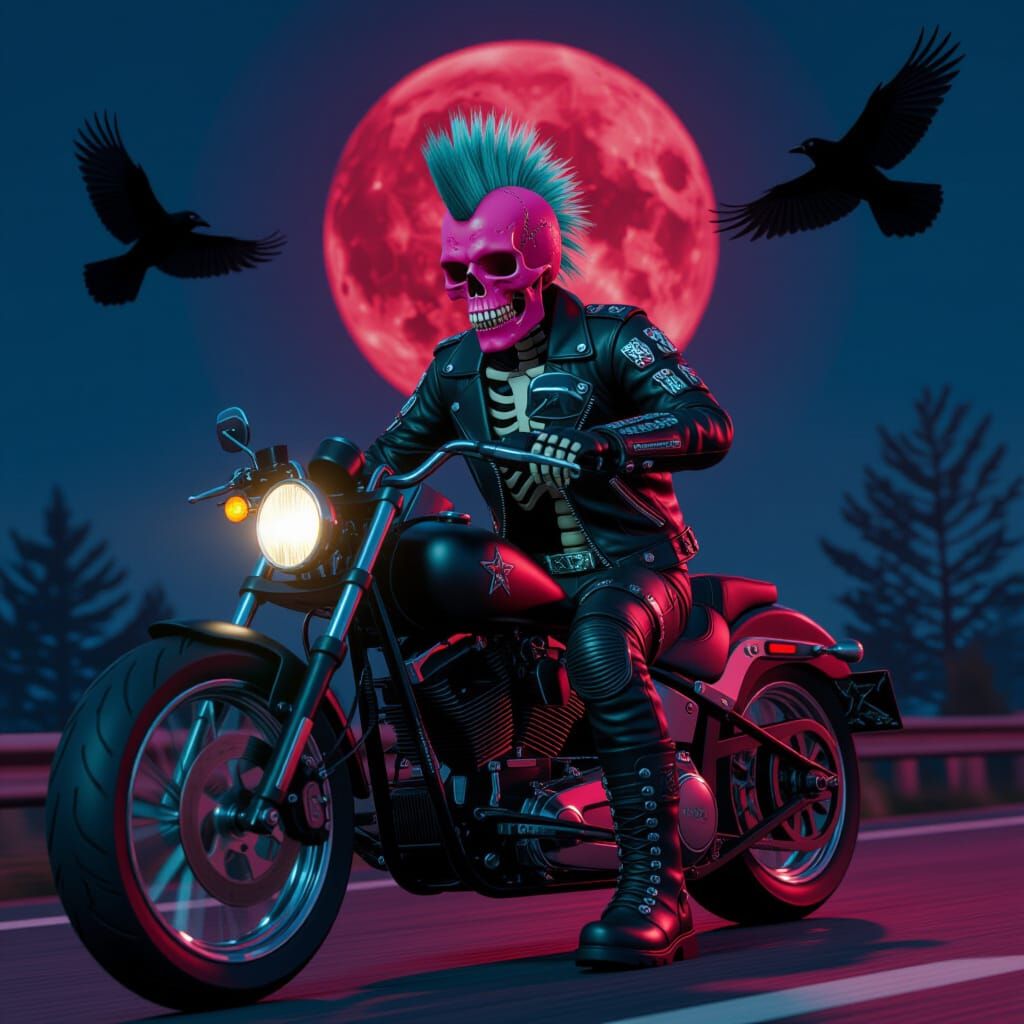 Punk Rock Skull Biker on Motorcycle in 3D Cinematic Style