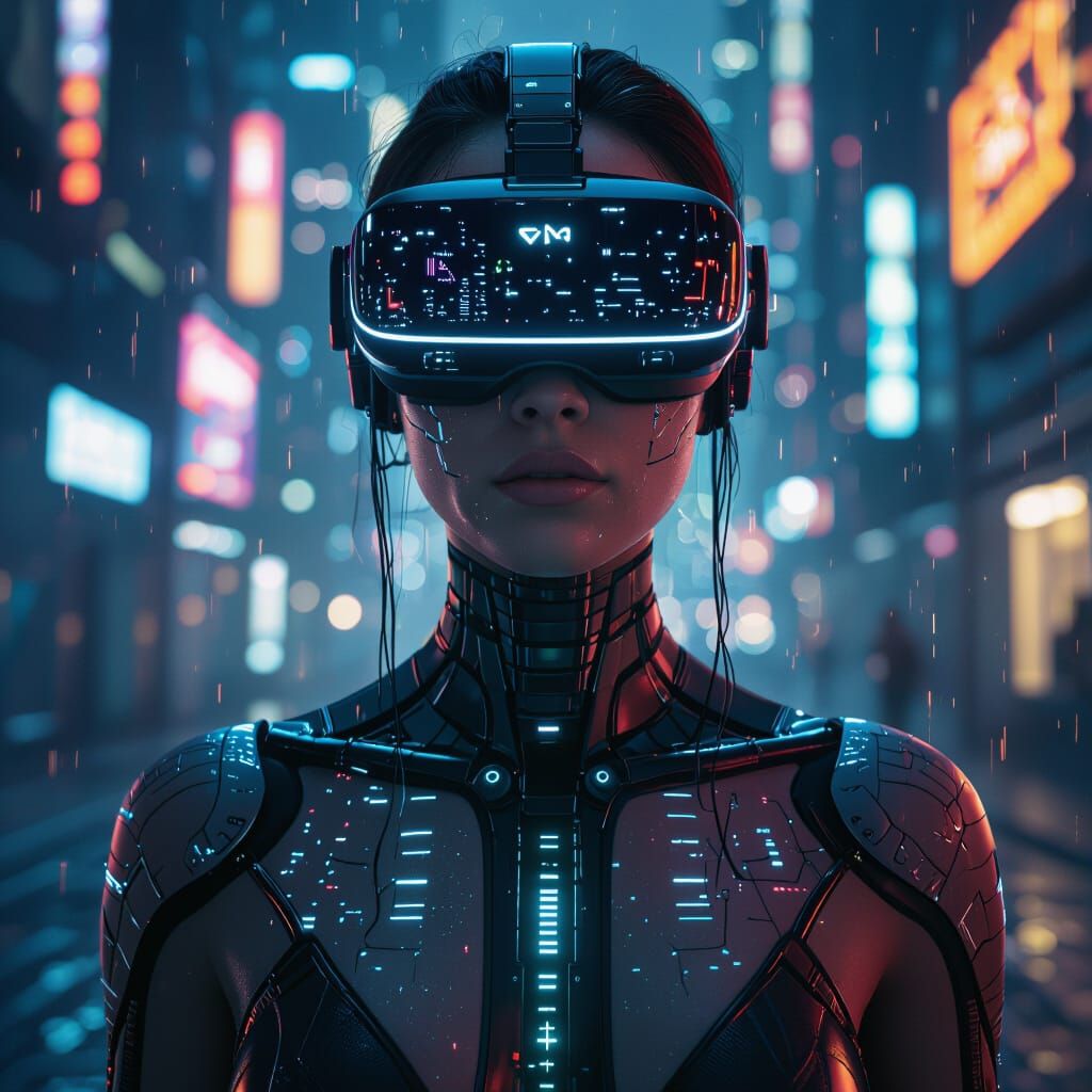 Futuristic Human with Glowing VR Lenses and Implants