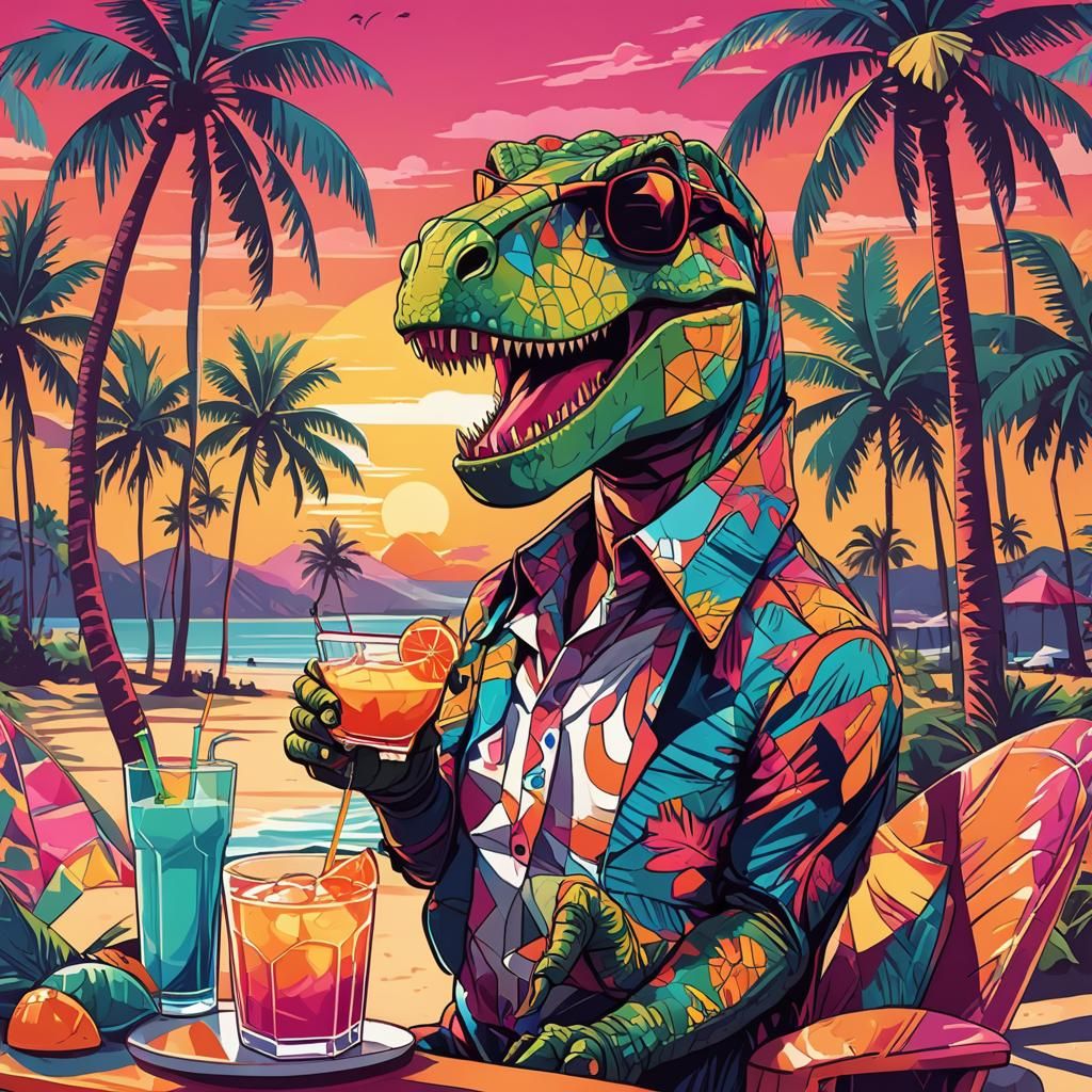 Cartoon T-Rex Lounging on Beach in Geometric Fauvism