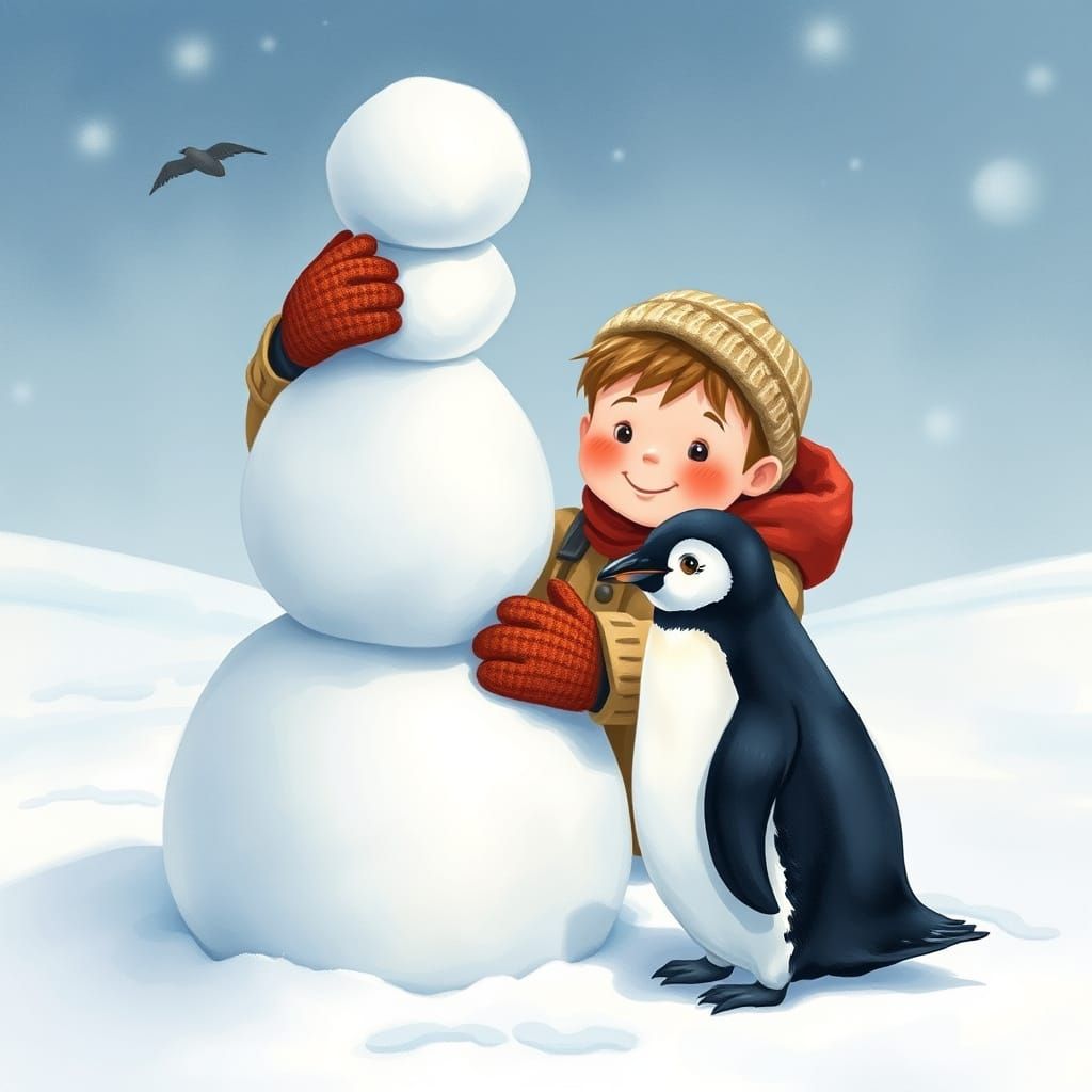 A Whimsical Winter Scene of a Boy and Penguin Building a Sno...