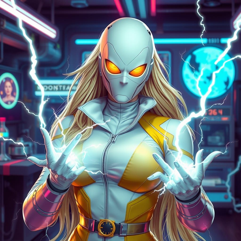 Futuristic Female Supervillain in Neon-Lit Lab, Blending Syn...