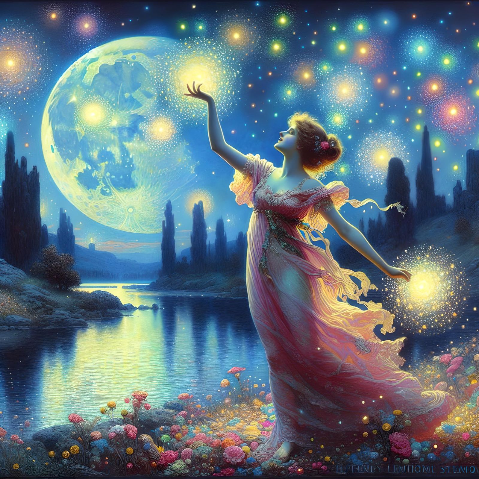 Moon Woman Scattering Flowers in Starry Landscape