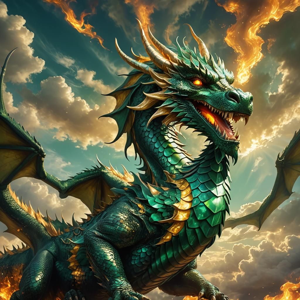 Emerald Dragon in Golden Light: Fantastical Realism