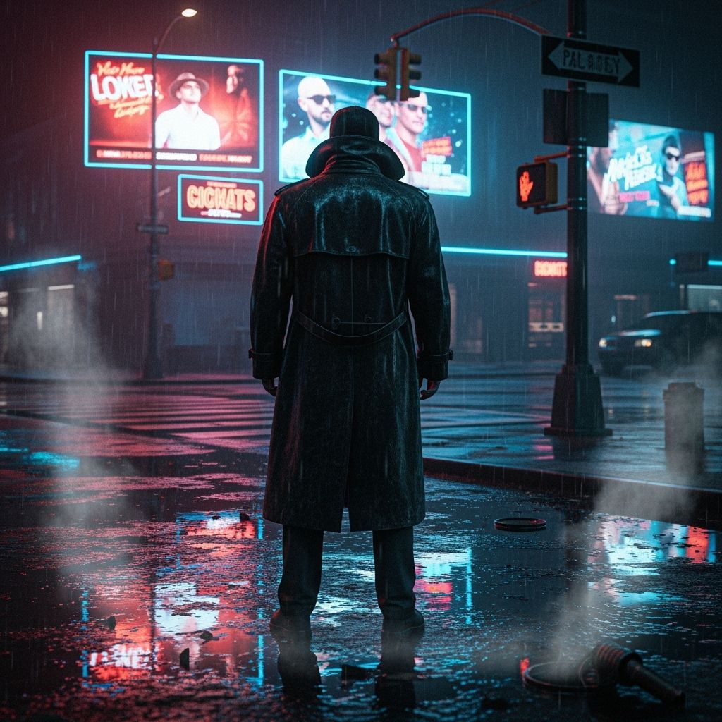 Detective in Rain on Neon Street: Film Noir