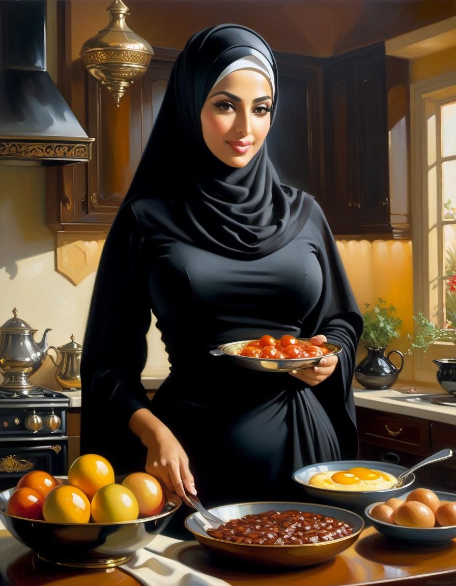 Middle Eastern Woman Prepares Breakfast: Oil Painting