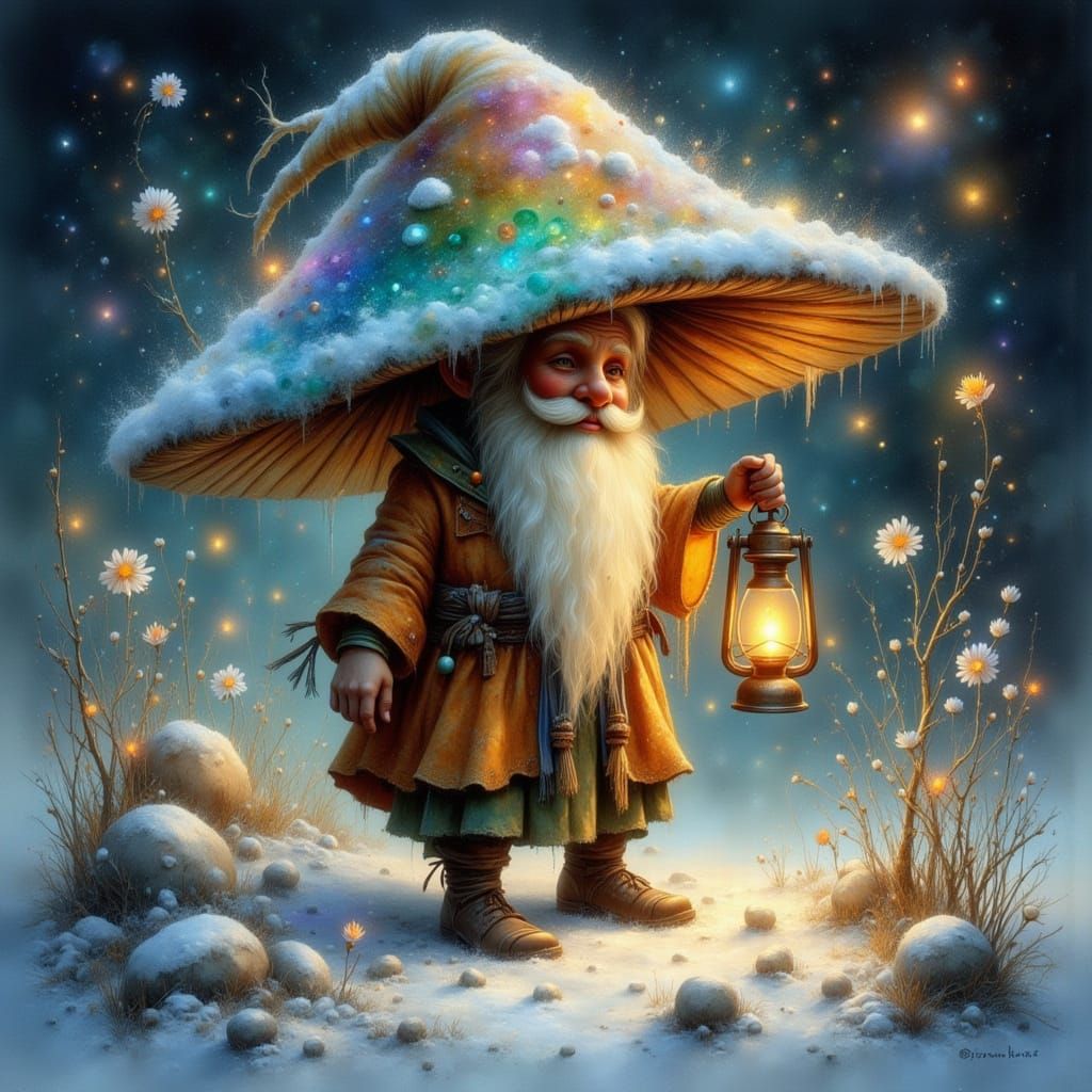 Ethereal Dwarf Under Iridescent Mushroom in Snowy Landscape