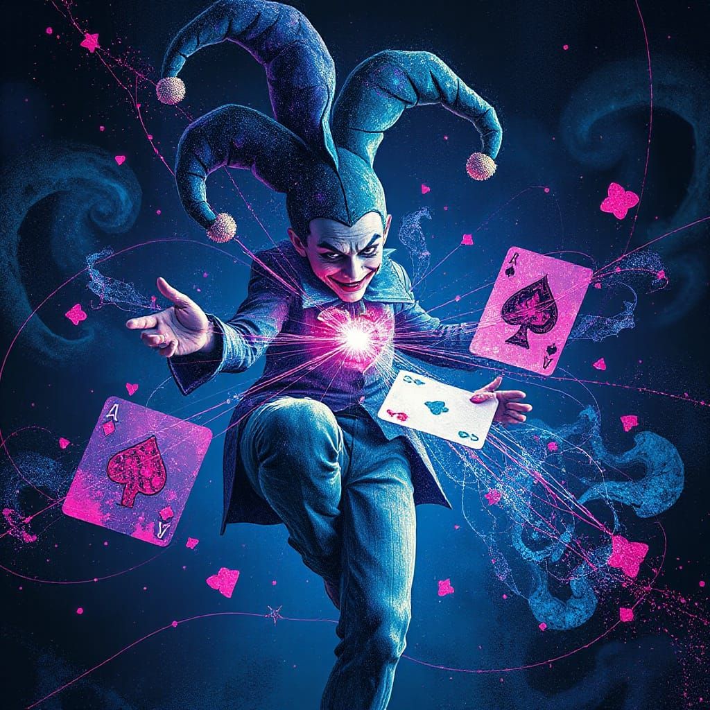 Cosmic Joker Entity of Dust and Cards in Surreal Void