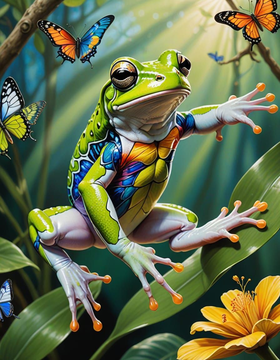 Surreal Photo Realistic Frog Soars with Vibrant Stained Glas...