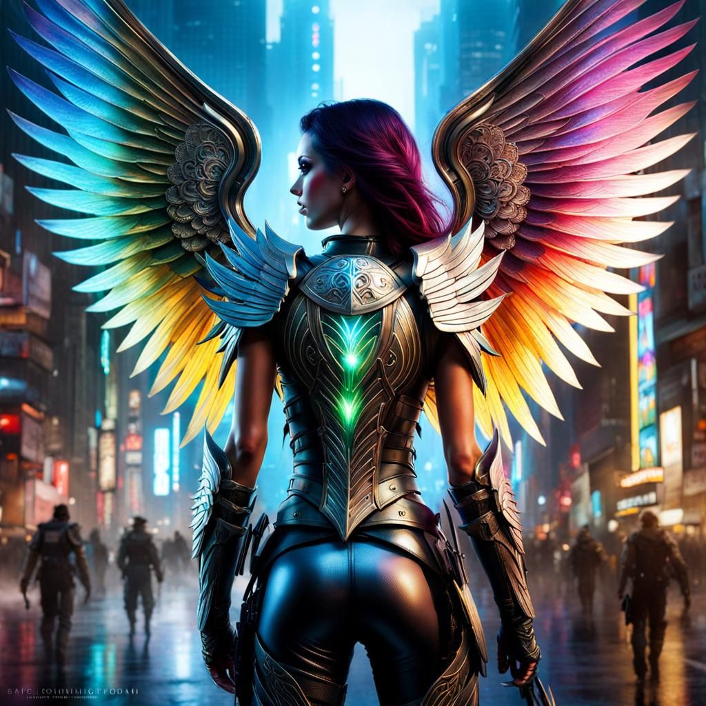 Cyberpunk Angel with Bioluminescent Wings
