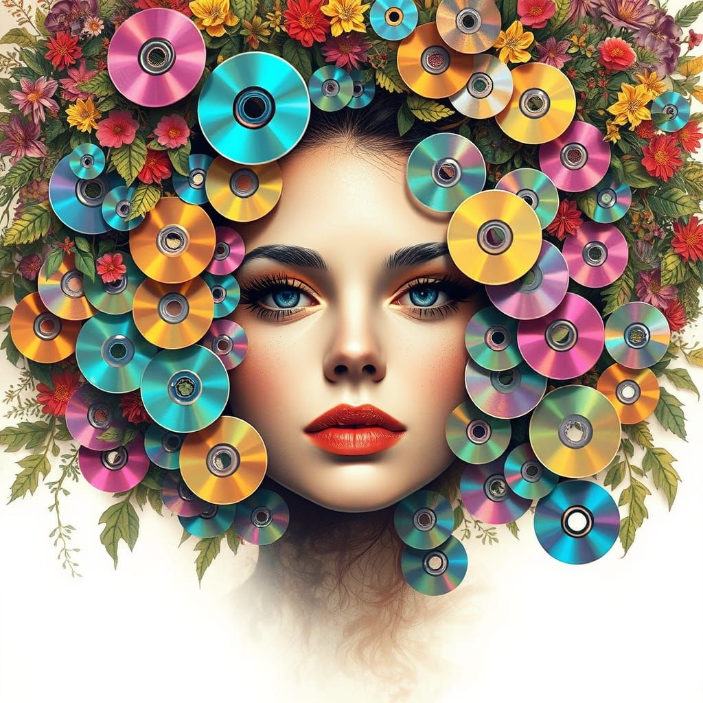 Dreamlike Portrait in Whimsical Garden with Floating CDs and...