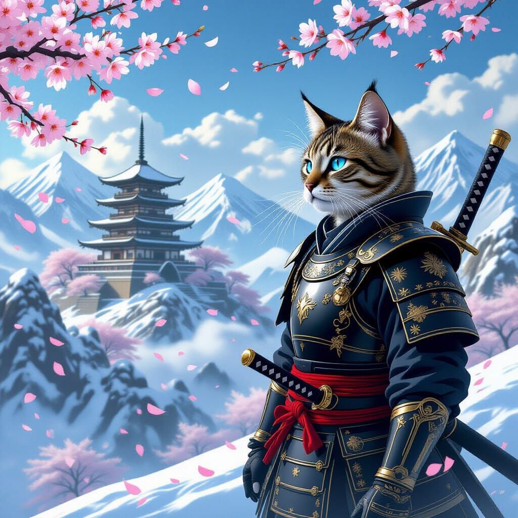 Samurai Cat on Snowy Mountain in Fantasy Style